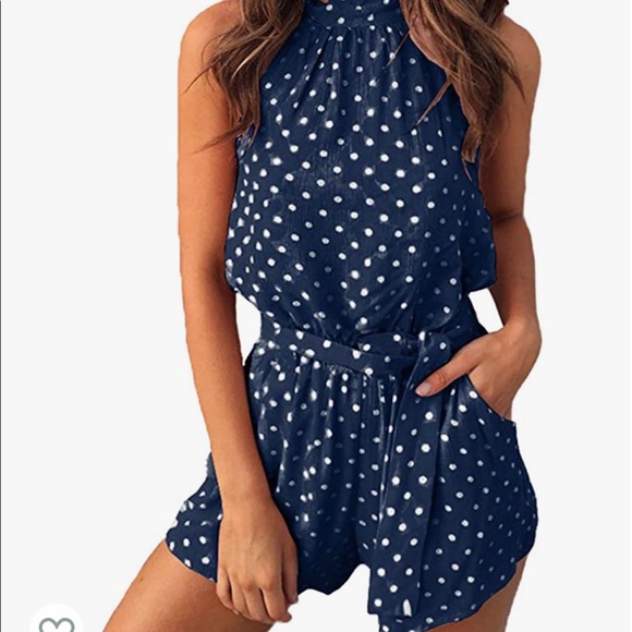 Navy Blue Halter Romper with Polka Dots Size Small - Picture 2 of 6